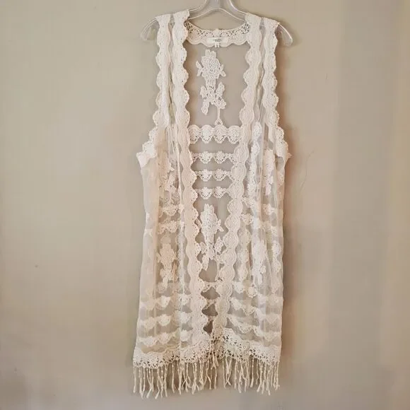Women's‎ Bohemian Long Vest Embroidered Size Large Beige Western - Picture 4 of 9